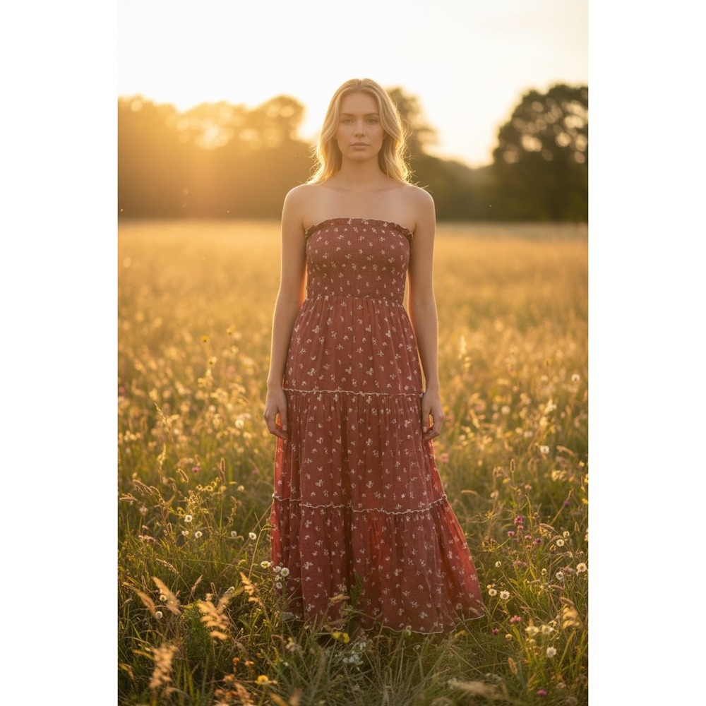 Cottagecore Floral Embroidered Tiered‎ Strapless Maxi Dress Size XS Boho Cottage